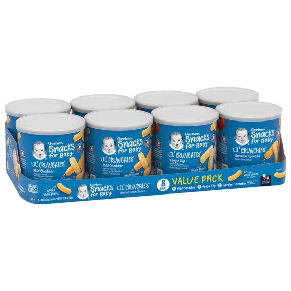 Buy from Fornaxmall.com- Gerber Lil Crunchies Variety Pack, 2 Tomato, 2 Veggie Dip, 4 Mild Cheddar, 1.48 OZ each 8 CT